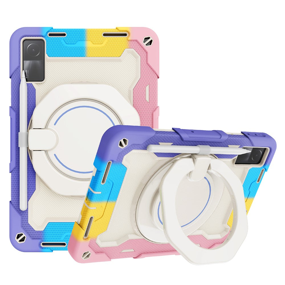 For Xiaomi Redmi Pad 10.6-inch Shock-absorbing Silicone+PC Protective Case Rotating Handle-Kickstand Tablet Cover with Pencil Holder and Shoulder Strap