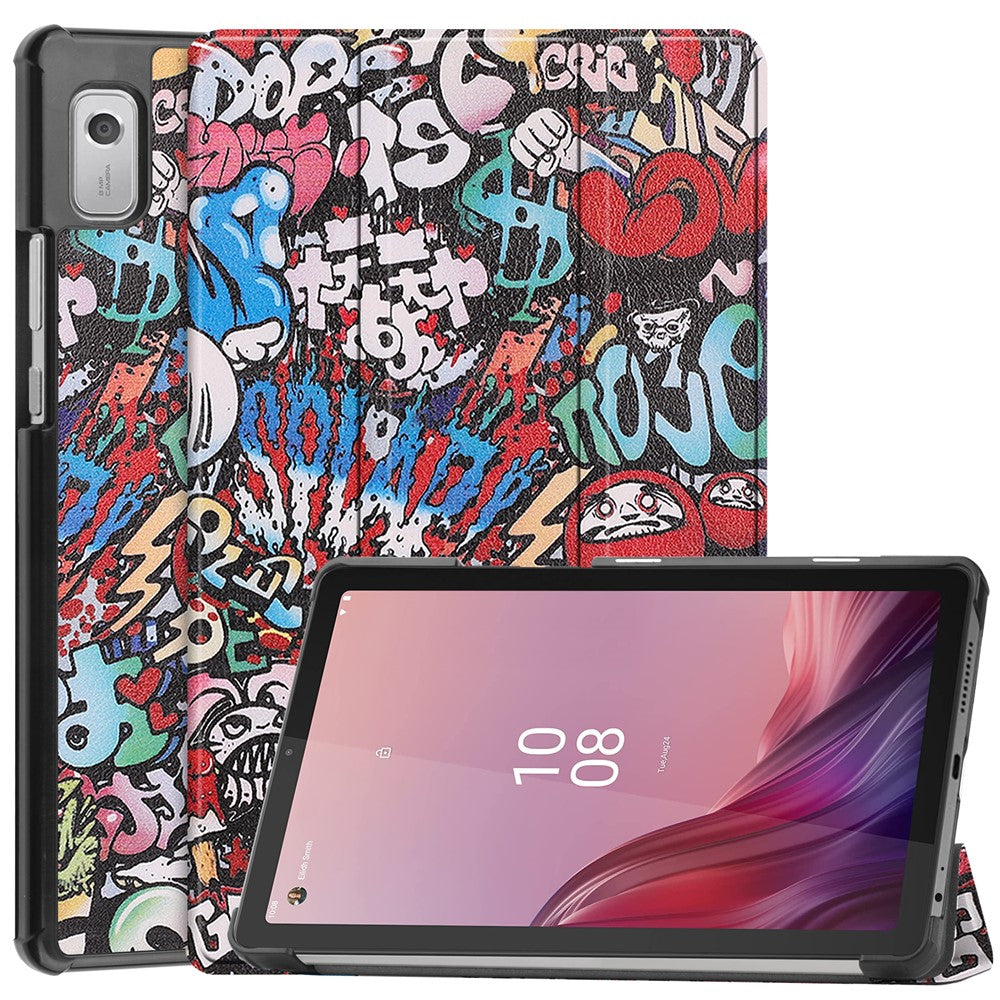 Trippelvikbart stativfodral till surfplattan för Lenovo Tab M9 TB-310FU, mönstertryck, PU-läder + PC-skyddsfodral