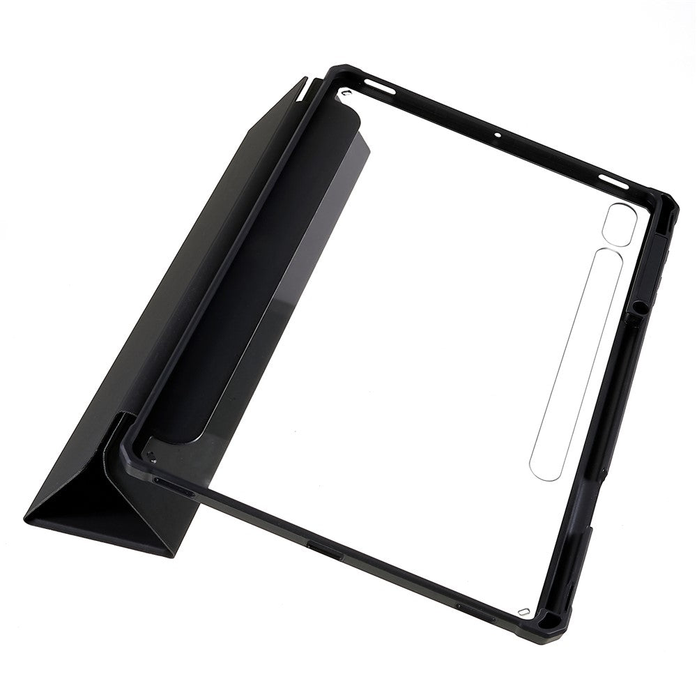 For Samsung Galaxy Tab S10+ / S9+ Skin-Touch Tri-Fold Stand Tablet  Case PU Leather TPU Acrylic Clear Tablet Cover