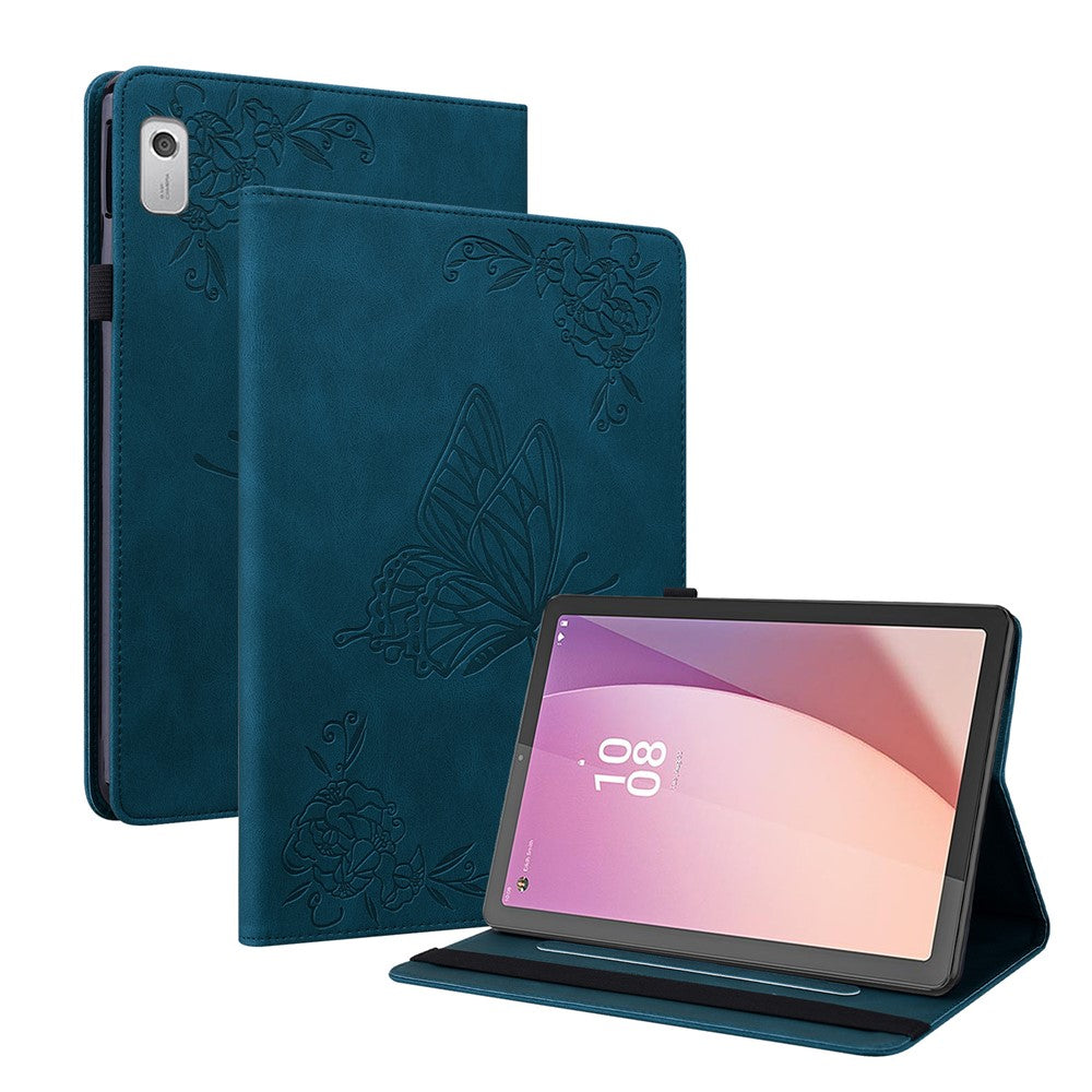 For Lenovo Tab M9 TB-310FU Imprinted Butterfly Flower PU Leather Card Holder Stand Tablet Case with Pen Loop