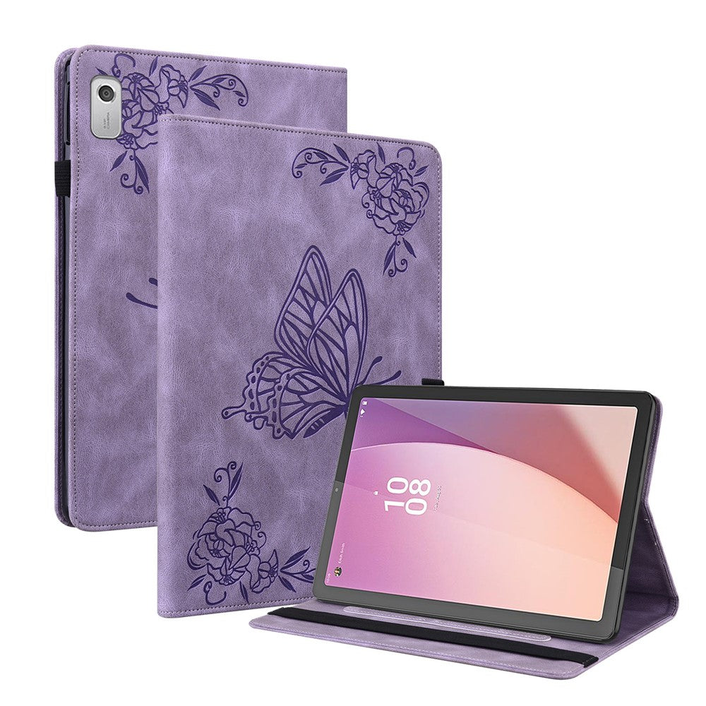 For Lenovo Tab M9 TB-310FU Imprinted Butterfly Flower PU Leather Card Holder Stand Tablet Case with Pen Loop