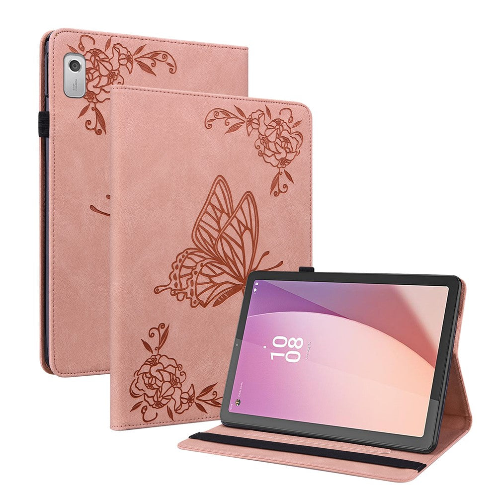 For Lenovo Tab M9 TB-310FU Imprinted Butterfly Flower PU Leather Card Holder Stand Tablet Case with Pen Loop