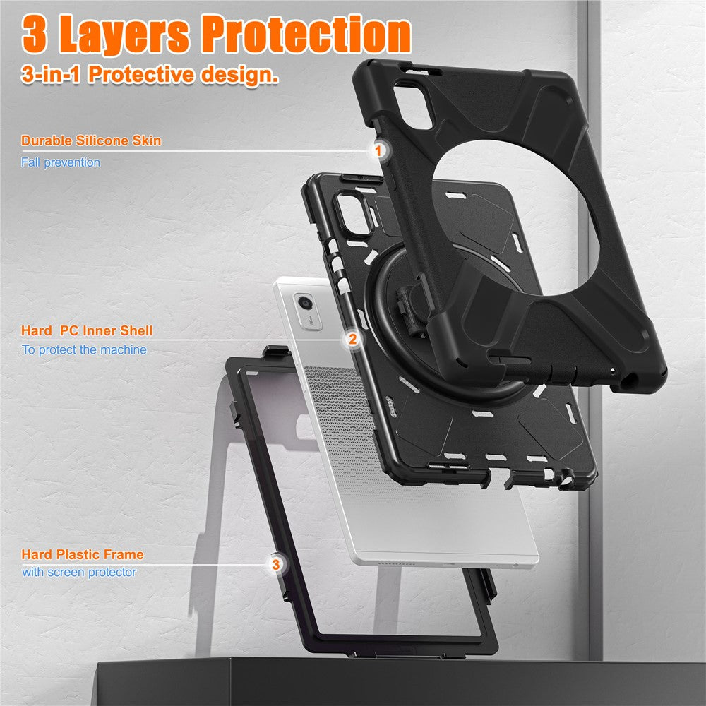For Lenovo Tab M9 TB-310FU (2023) Tablet Case Kickstand PC+Silicone 360 Degree Rotation Tablet Cover with Hand Strap