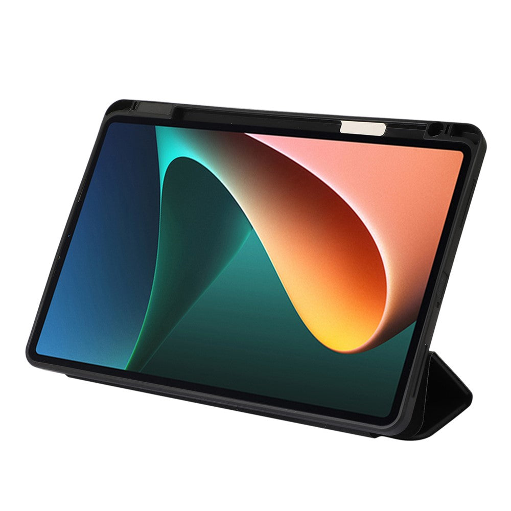 For Xiaomi Pad 5 / Pad 5 Pro Tri-Fold Stand Tablet Case Solid Color PU Leather Cover with Pencil Slot
