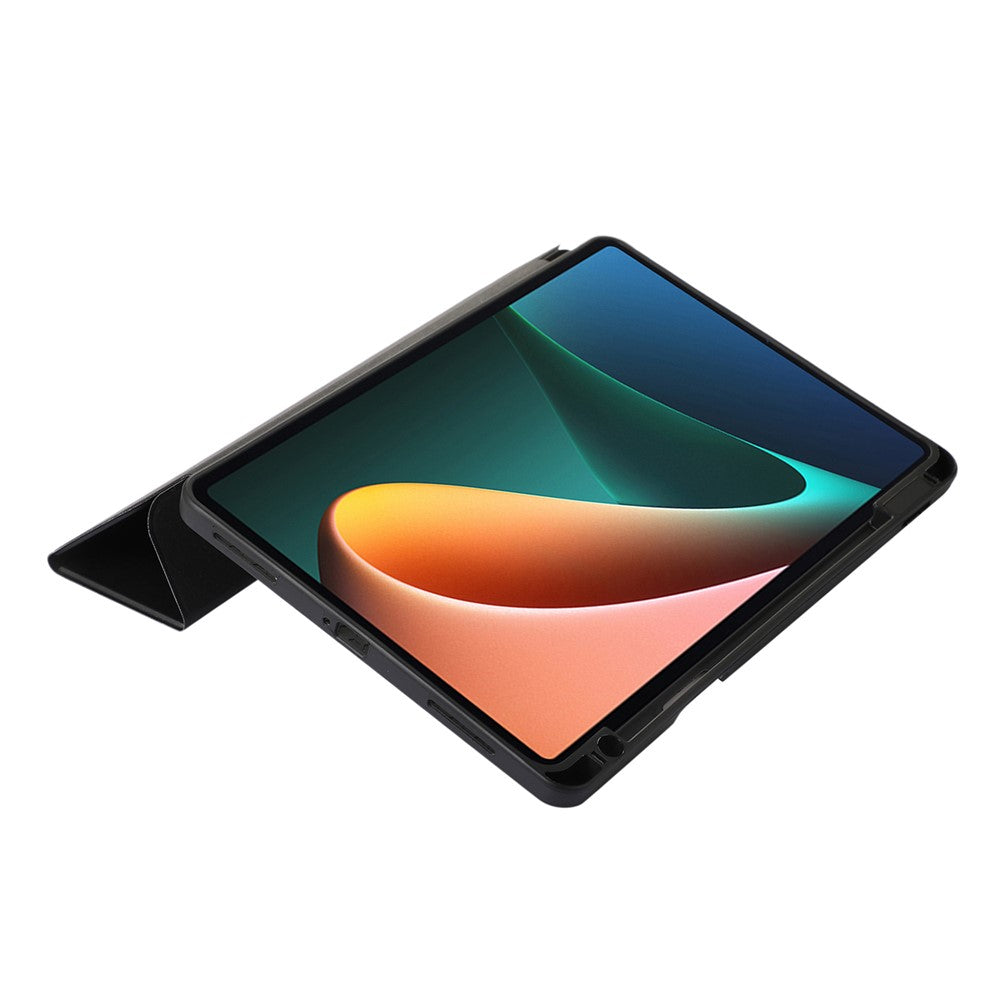 For Xiaomi Pad 5 / Pad 5 Pro Tri-Fold Stand Tablet Case Solid Color PU Leather Cover with Pencil Slot