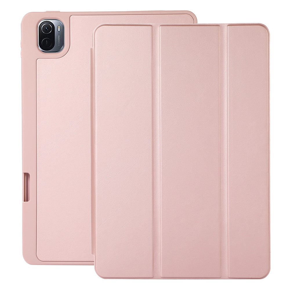 For Xiaomi Pad 5 / Pad 5 Pro Tri-Fold Stand Tablet Case Solid Color PU Leather Cover with Pencil Slot