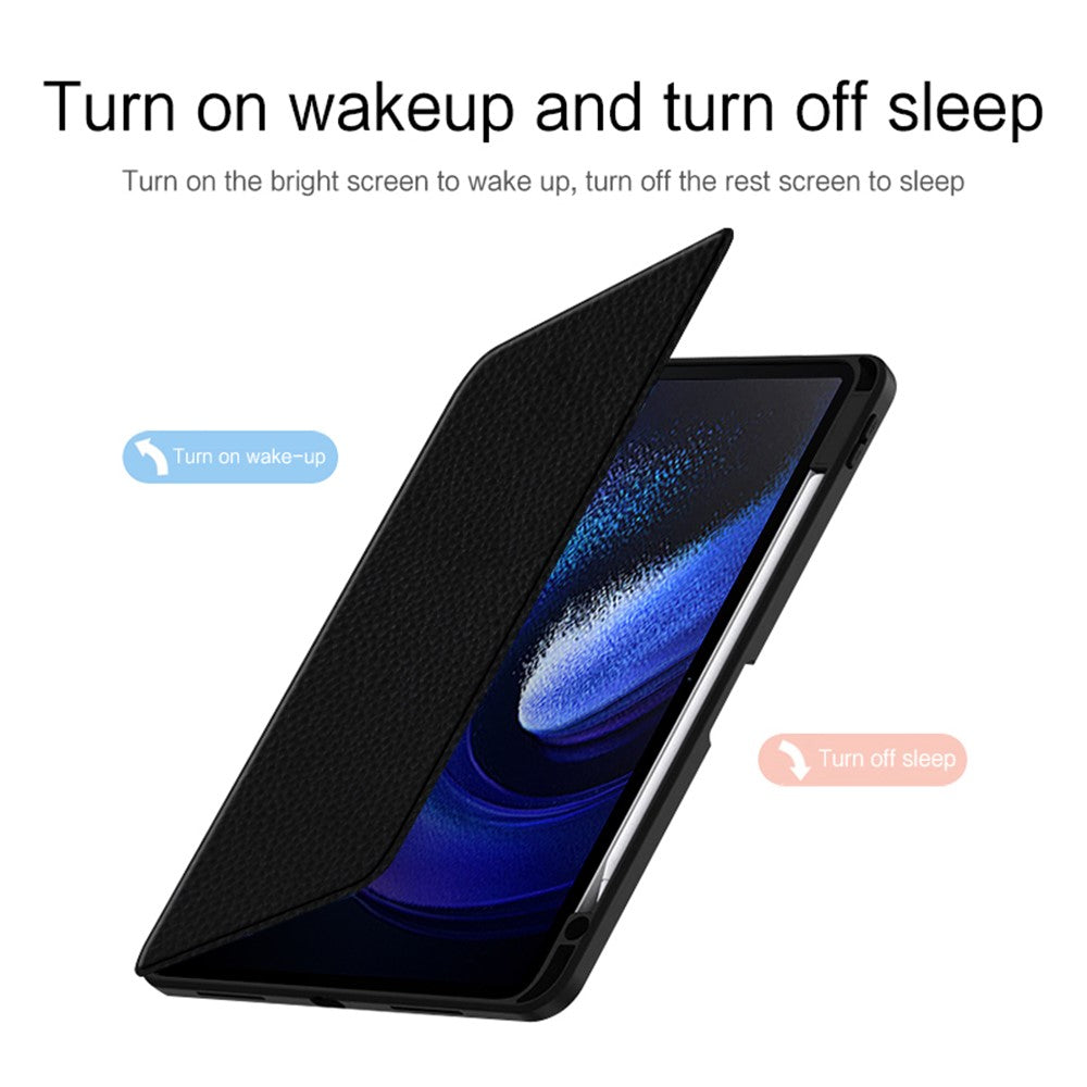 Xiaomi Pad 6-tablet med ægte okselæder og akryl, roterende støtte, smart etui med penneholder