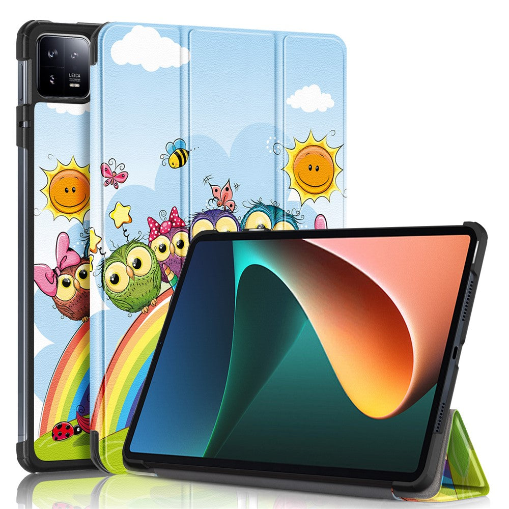 Xiaomi Pad 6 PU-lädermönstertryck surfplattafodral trippelvikbart stativskydd med automatisk väckning/viloläge