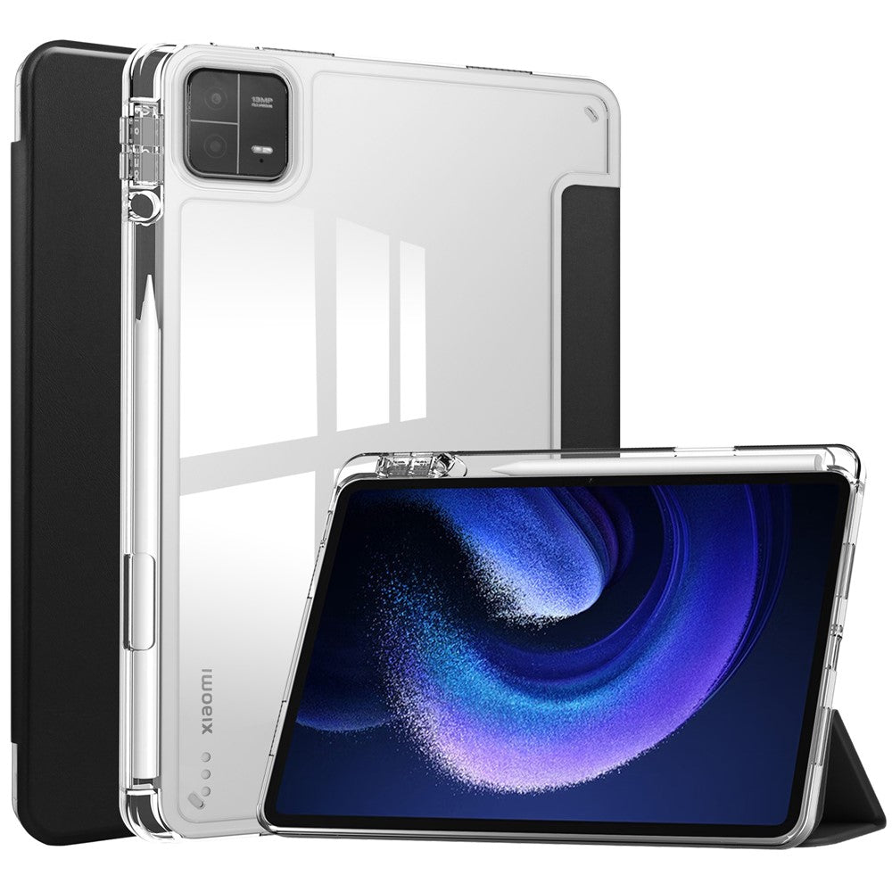 For Xiaomi Pad 6 / Pad 6 Pro Stand Tablet Case PU Leather + TPU + Acrylic Clear Smart Cover with Pen Slot