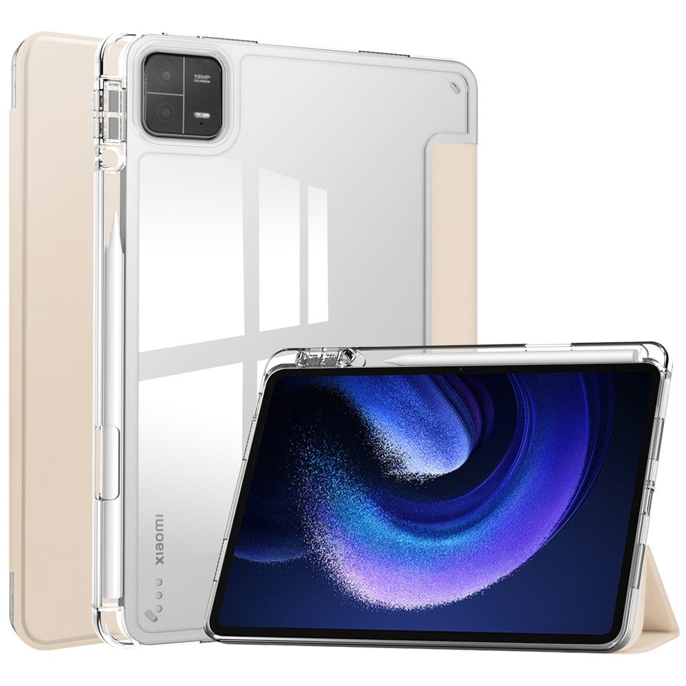 For Xiaomi Pad 6 / Pad 6 Pro Stand Tablet Case PU Leather + TPU + Acrylic Clear Smart Cover with Pen Slot