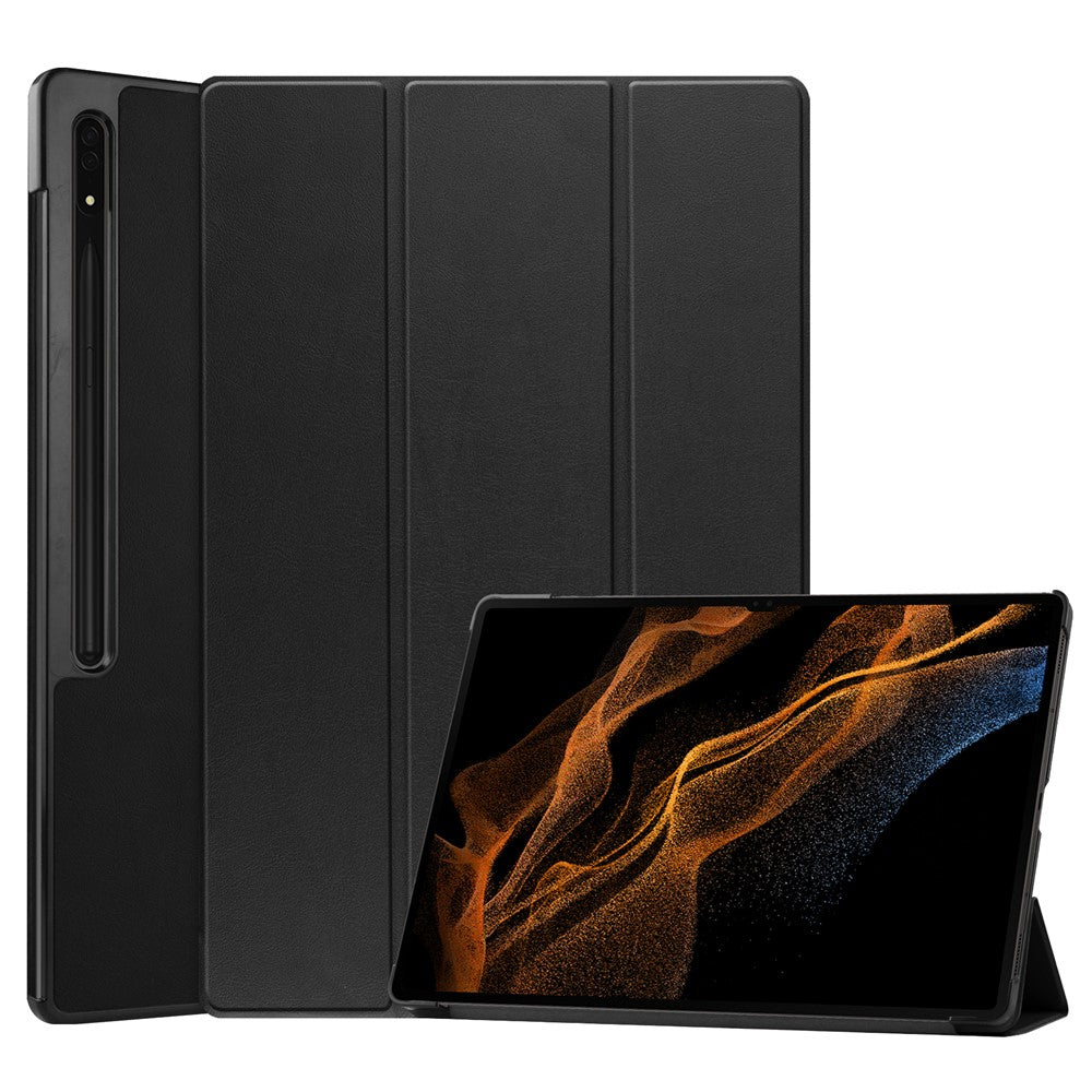 Til Samsung Galaxy Tab S8 Ultra Tri-fold stativ tablet-cover med automatisk dvale-/vågefunktion i læder
