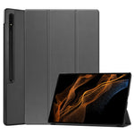 Til Samsung Galaxy Tab S8 Ultra Tri-fold stativ tablet-cover med automatisk dvale-/vågefunktion i læder