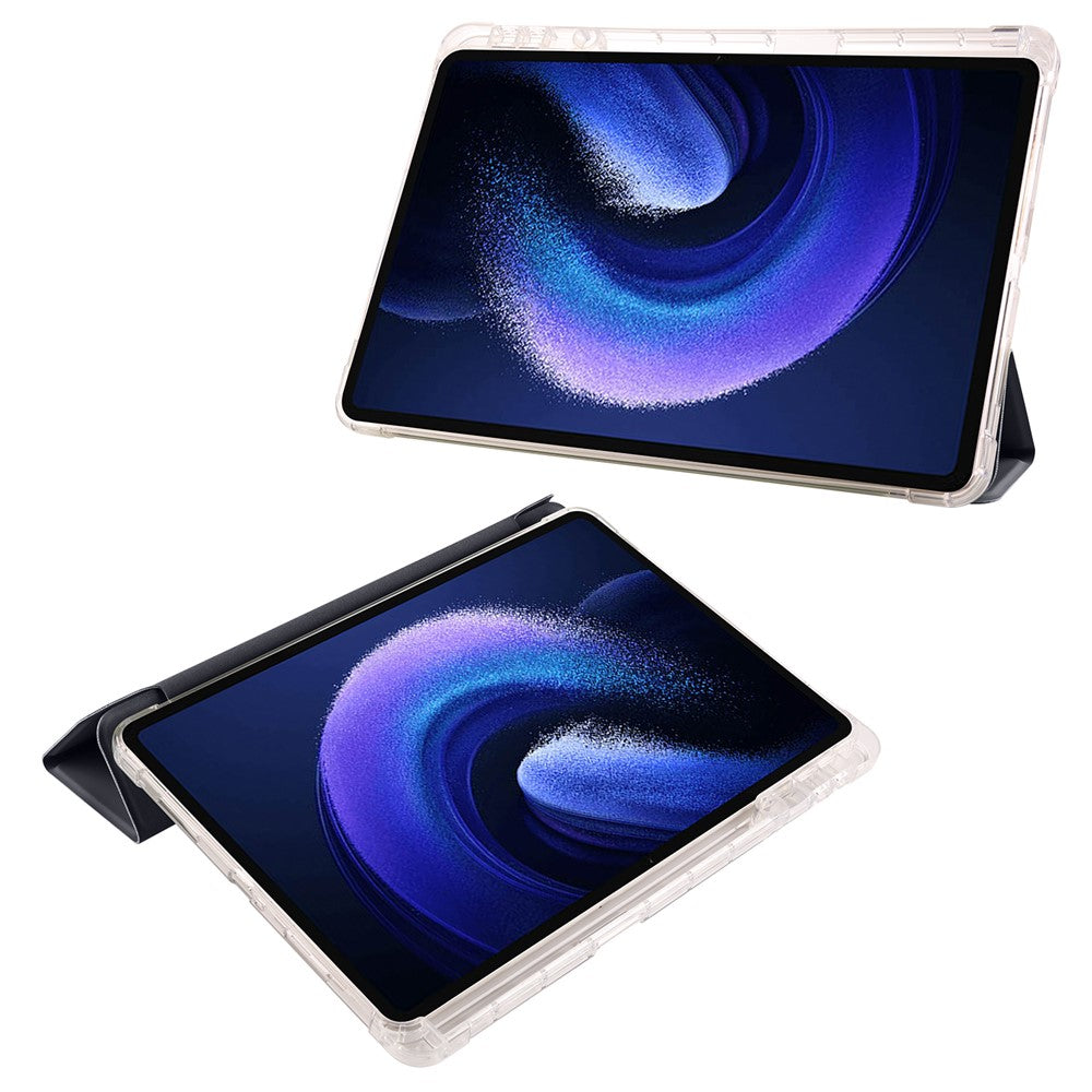 For Xiaomi Pad 6 / Pad 6 Pro Tri-Fold Stand Case PU Leather Transparent Back Tablet Cover with Pencil Slot