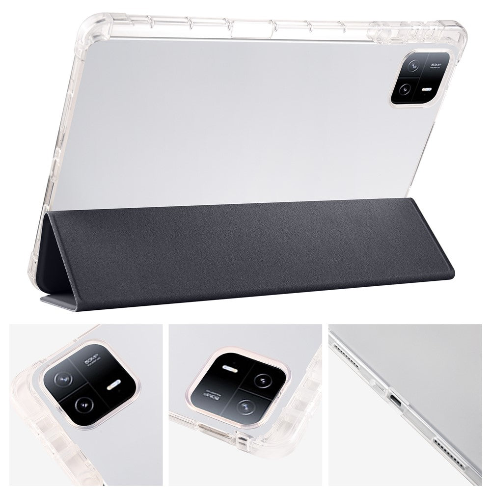 For Xiaomi Pad 6 / Pad 6 Pro Tri-Fold Stand Case PU Leather Transparent Back Tablet Cover with Pencil Slot