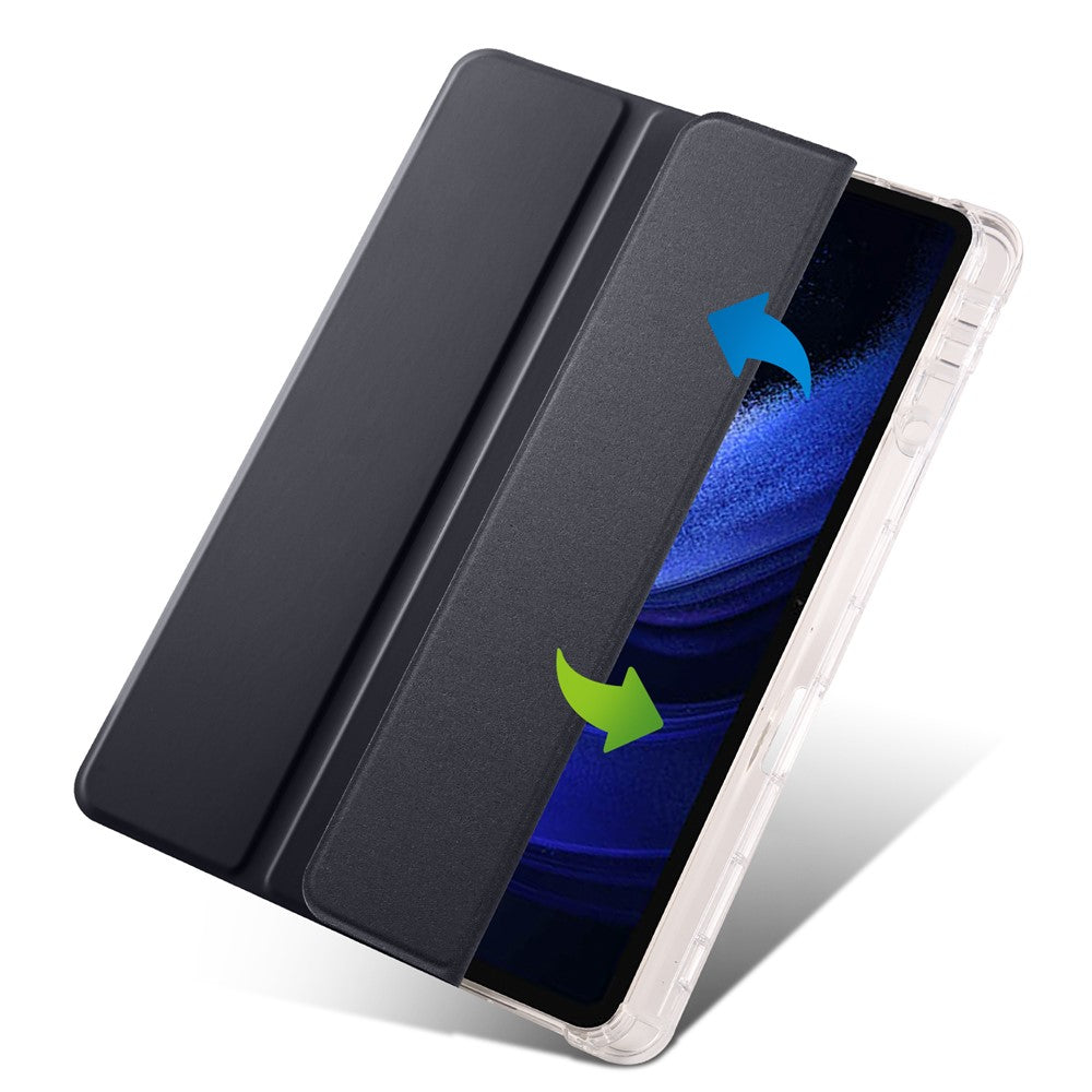 For Xiaomi Pad 6 / Pad 6 Pro Tri-Fold Stand Case PU Leather Transparent Back Tablet Cover with Pencil Slot