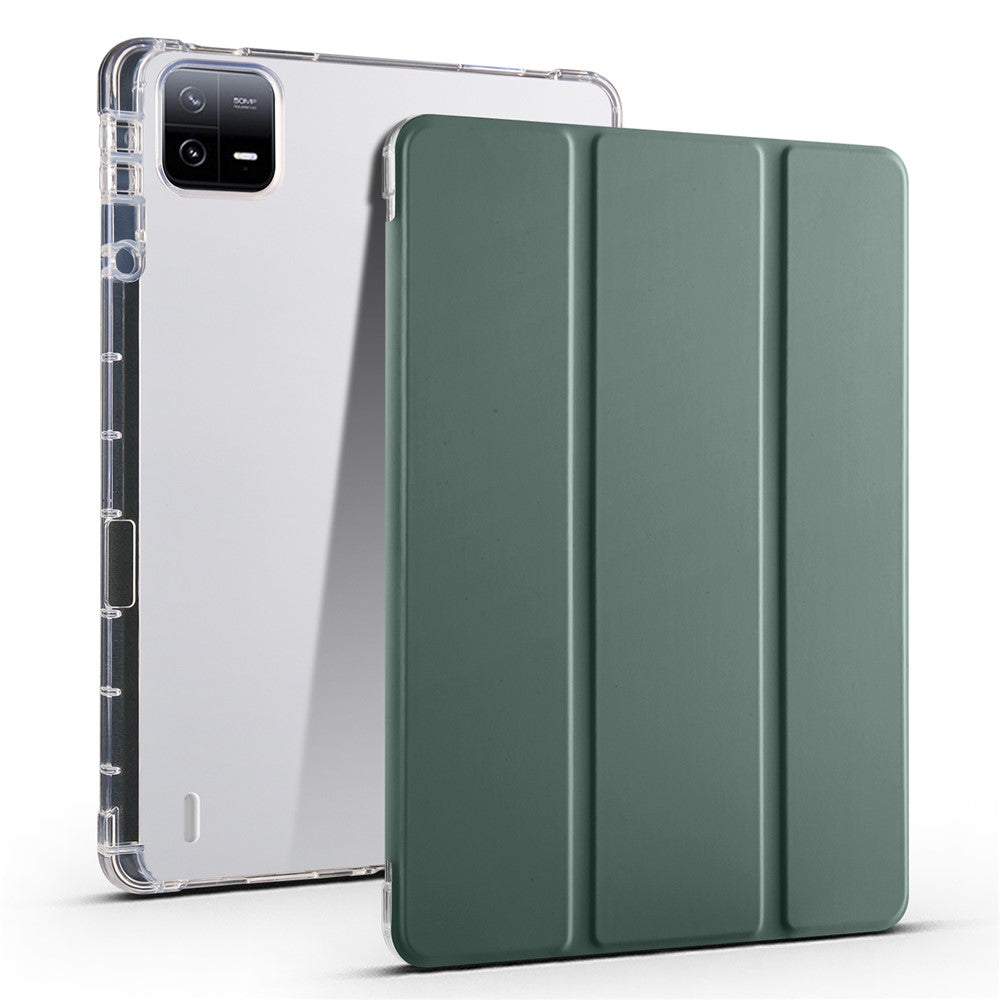 For Xiaomi Pad 6 / Pad 6 Pro Tri-Fold Stand Case PU Leather Transparent Back Tablet Cover with Pencil Slot