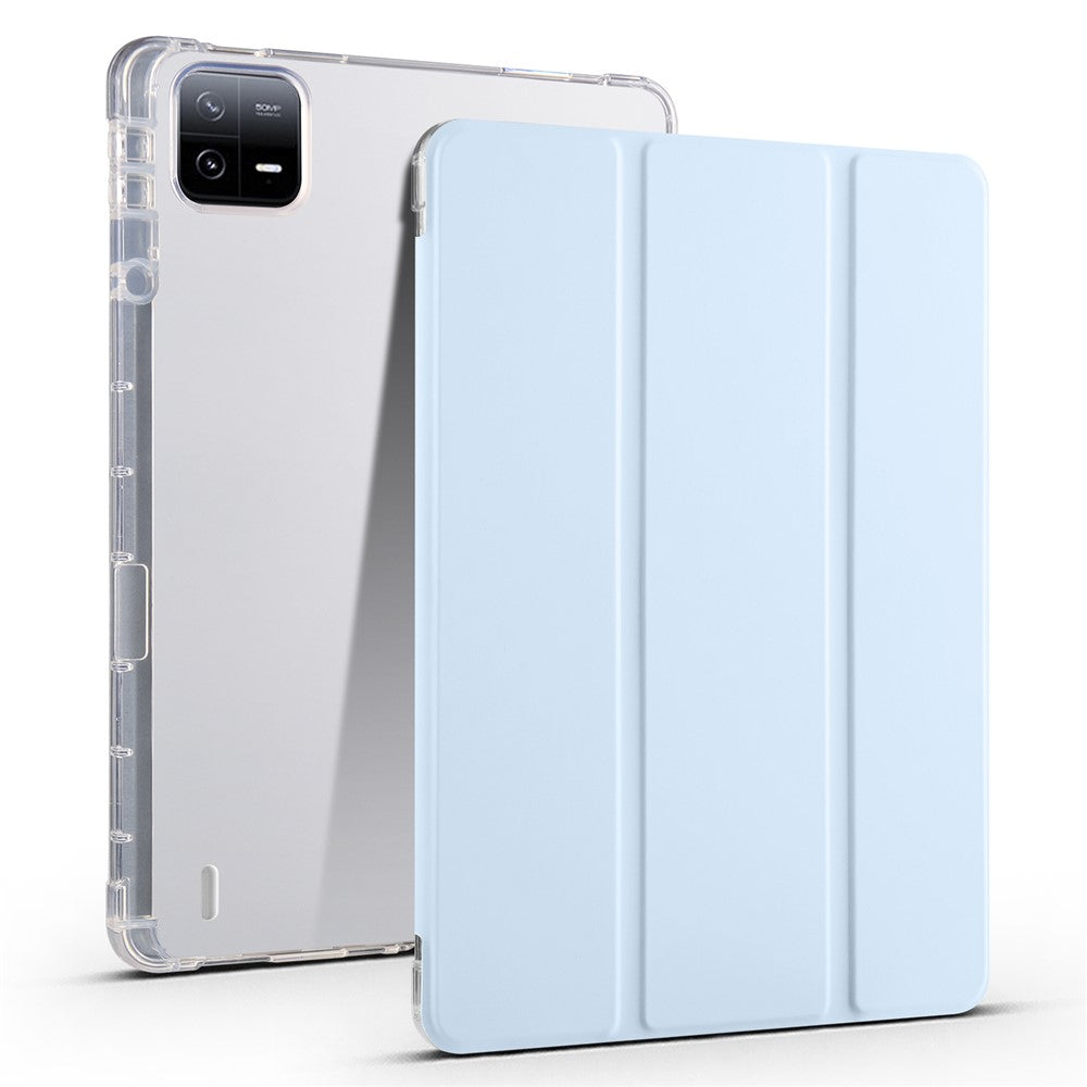 For Xiaomi Pad 6 / Pad 6 Pro Tri-Fold Stand Case PU Leather Transparent Back Tablet Cover with Pencil Slot