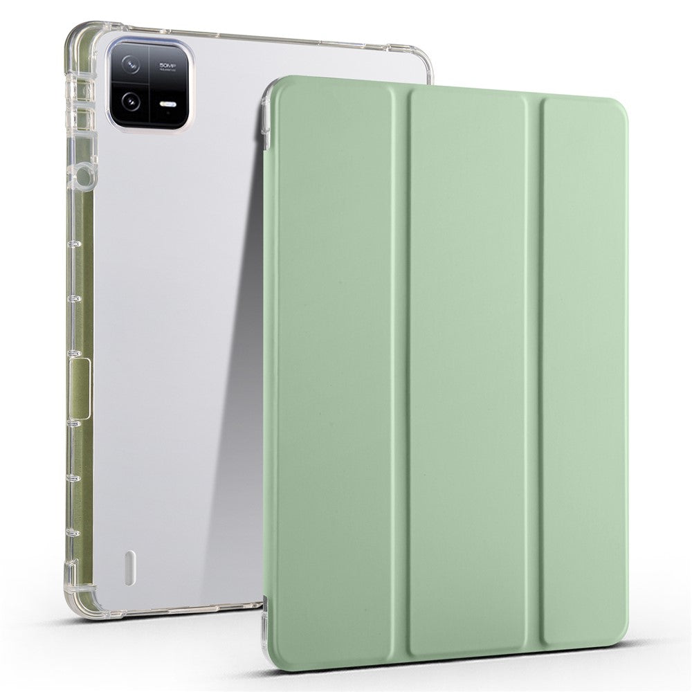 For Xiaomi Pad 6 / Pad 6 Pro Tri-Fold Stand Case PU Leather Transparent Back Tablet Cover with Pencil Slot