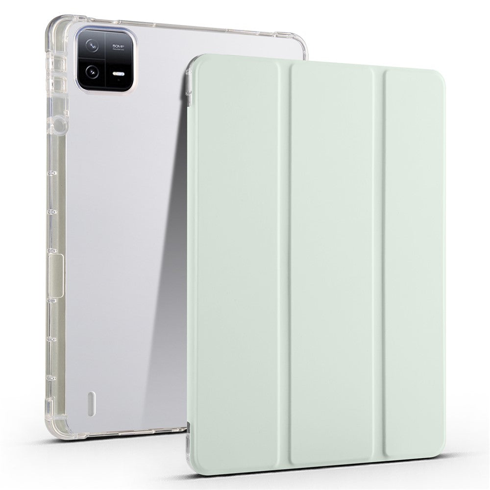 For Xiaomi Pad 6 / Pad 6 Pro Tri-Fold Stand Case PU Leather Transparent Back Tablet Cover with Pencil Slot