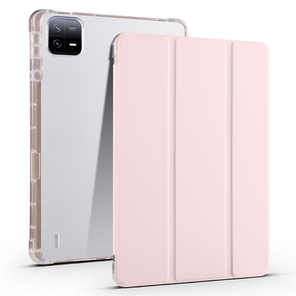 For Xiaomi Pad 6 / Pad 6 Pro Tri-Fold Stand Case PU Leather Transparent Back Tablet Cover with Pencil Slot