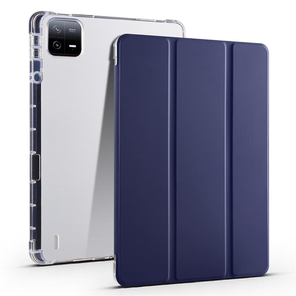 For Xiaomi Pad 6 / Pad 6 Pro Tri-Fold Stand Case PU Leather Transparent Back Tablet Cover with Pencil Slot