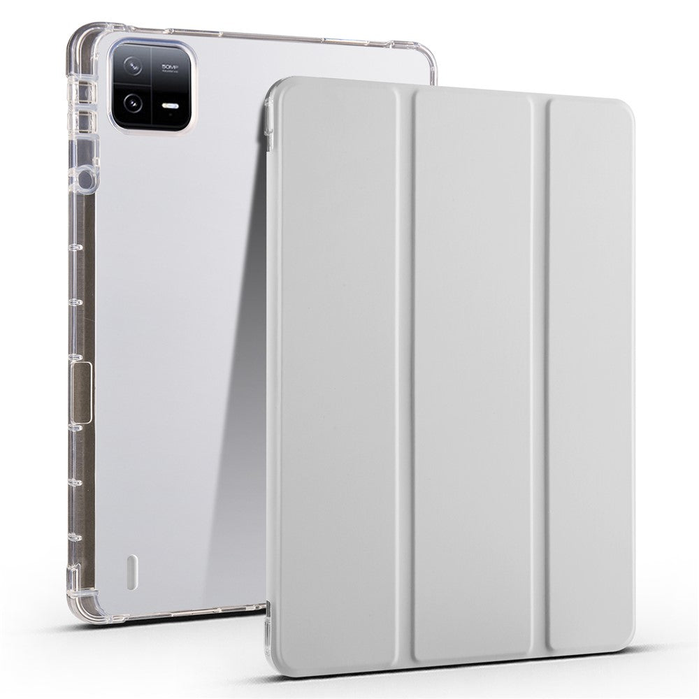 For Xiaomi Pad 6 / Pad 6 Pro Tri-Fold Stand Case PU Leather Transparent Back Tablet Cover with Pencil Slot
