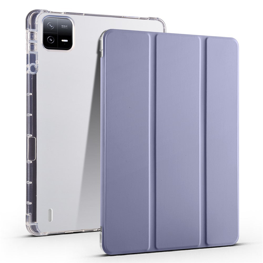 For Xiaomi Pad 6 / Pad 6 Pro Tri-Fold Stand Case PU Leather Transparent Back Tablet Cover with Pencil Slot