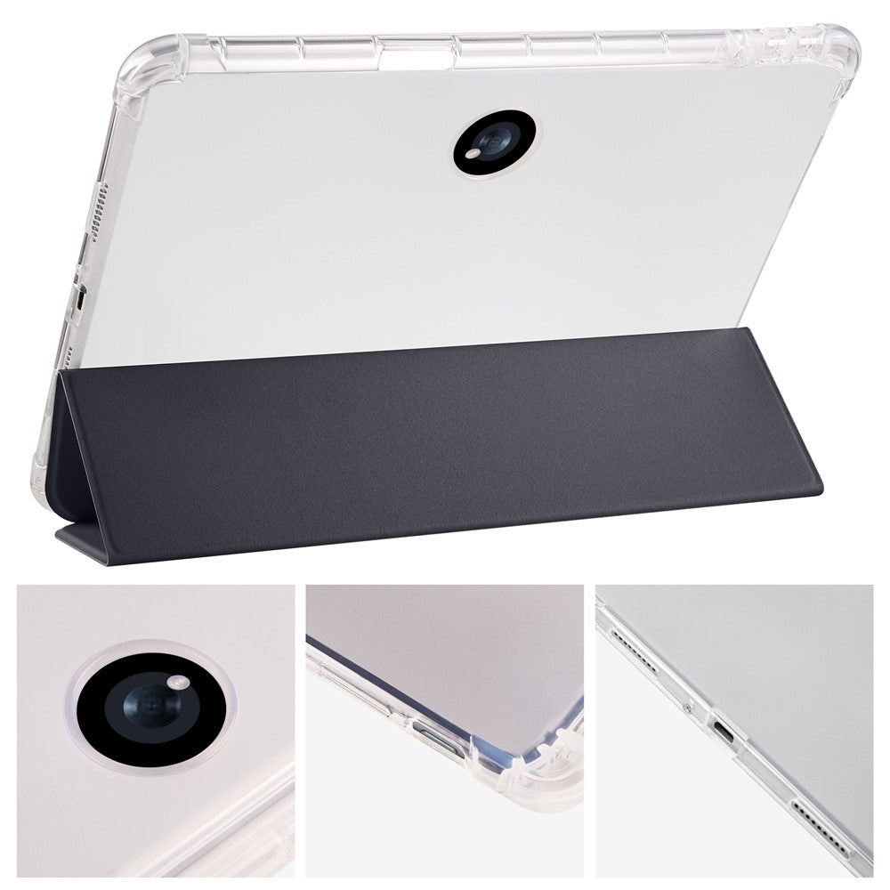For Oppo Pad 2 Tri-Fold Stand Tablet Case PU Leather Transparent Back Protective Cover with Pencil Holder