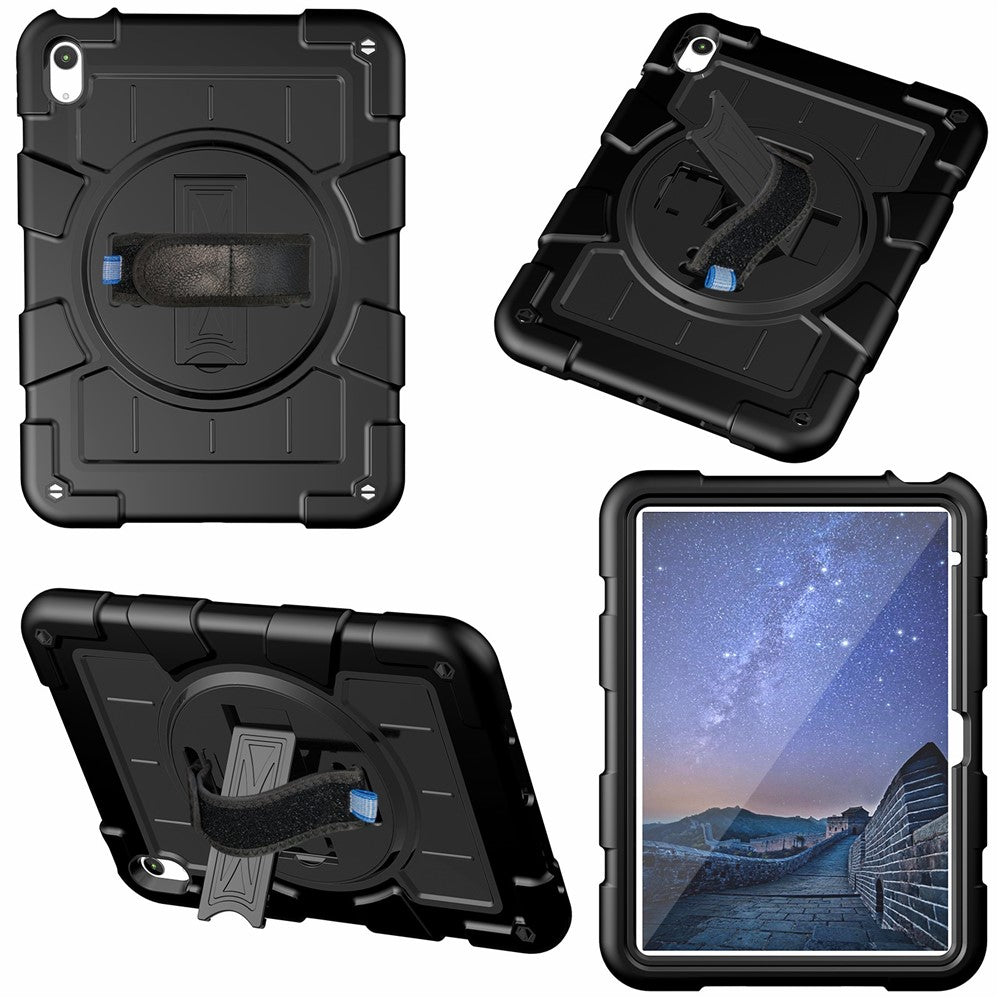 Til iPad (2025) / 10.9 (2022) TPU+PC Tablet Cover Roterende Håndrem Støttefod Cover med Skulderrem