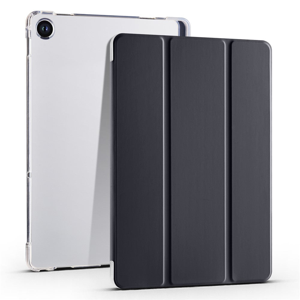 For Lenovo Tab M10 Plus (3rd Gen) Tri-Fold Stand Tablet Case Transparent Back PU Leather Flip Cover with Pencil Holder
