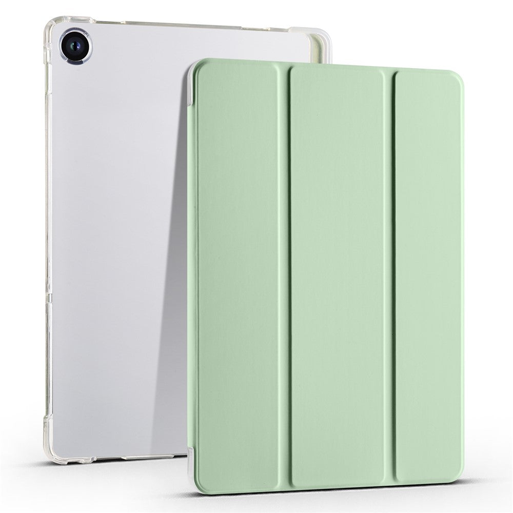 For Lenovo Tab M10 Plus (3rd Gen) Tri-Fold Stand Tablet Case Transparent Back PU Leather Flip Cover with Pencil Holder