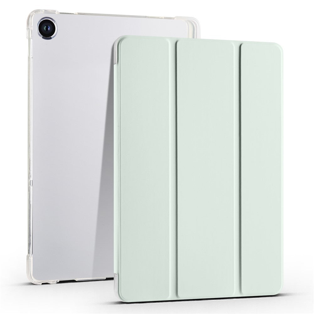 For Lenovo Tab M10 Plus (3rd Gen) Tri-Fold Stand Tablet Case Transparent Back PU Leather Flip Cover with Pencil Holder