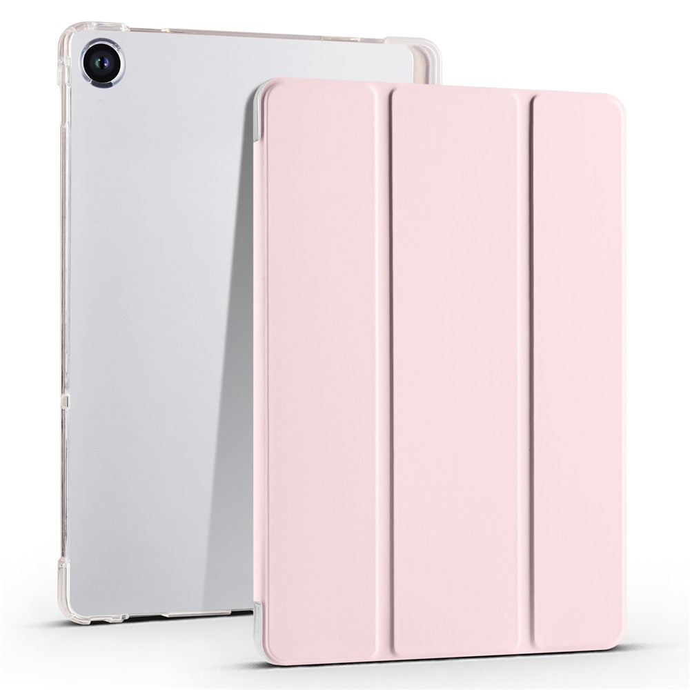 For Lenovo Tab M10 Plus (3rd Gen) Tri-Fold Stand Tablet Case Transparent Back PU Leather Flip Cover with Pencil Holder