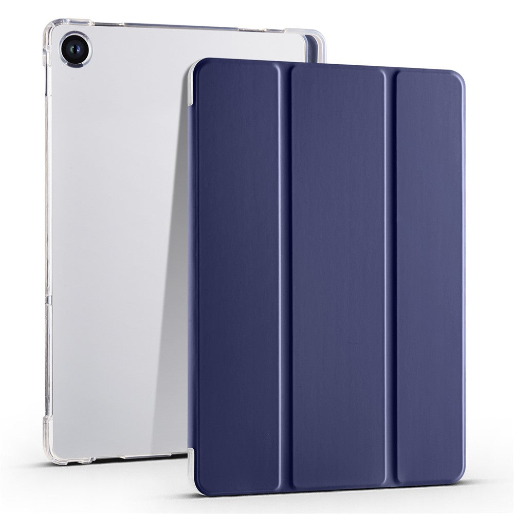 For Lenovo Tab M10 Plus (3rd Gen) Tri-Fold Stand Tablet Case Transparent Back PU Leather Flip Cover with Pencil Holder