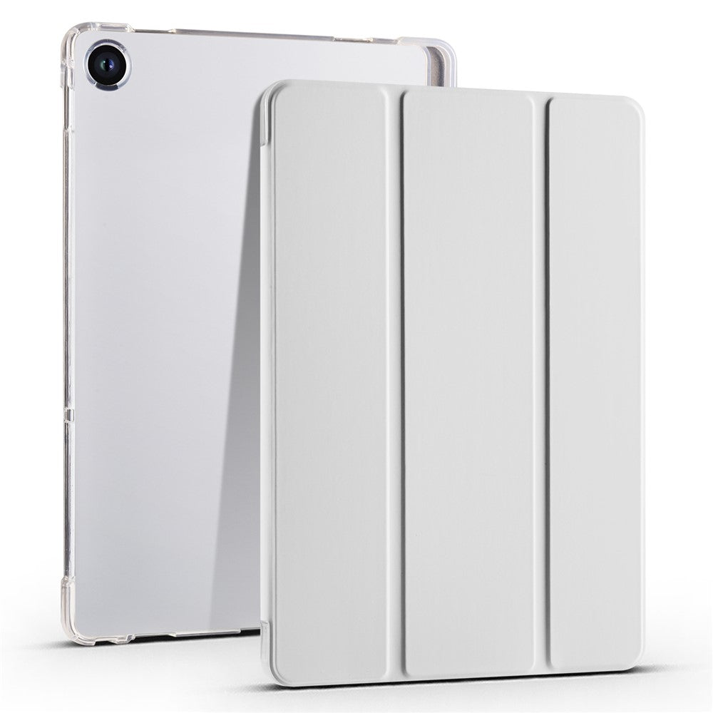 For Lenovo Tab M10 Plus (3rd Gen) Tri-Fold Stand Tablet Case Transparent Back PU Leather Flip Cover with Pencil Holder
