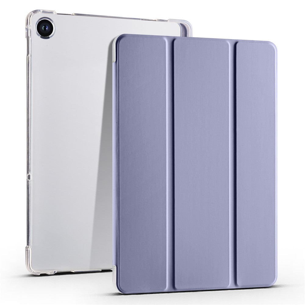 For Lenovo Tab M10 Plus (3rd Gen) Tri-Fold Stand Tablet Case Transparent Back PU Leather Flip Cover with Pencil Holder