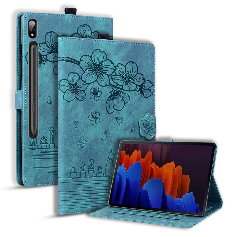 Til Samsung Galaxy Tab S9 Ultra / S8 Ultra Tabletcover i læder med kortholdere, stativ og præget blomsterkat-motiv