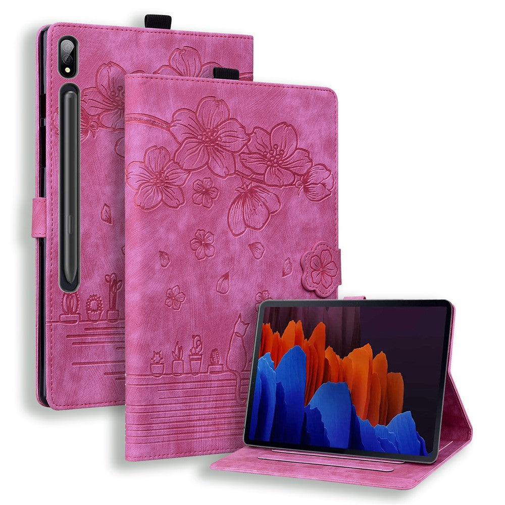 Til Samsung Galaxy Tab S9 Ultra / S8 Ultra Tabletcover i læder med kortholdere, stativ og præget blomsterkat-motiv