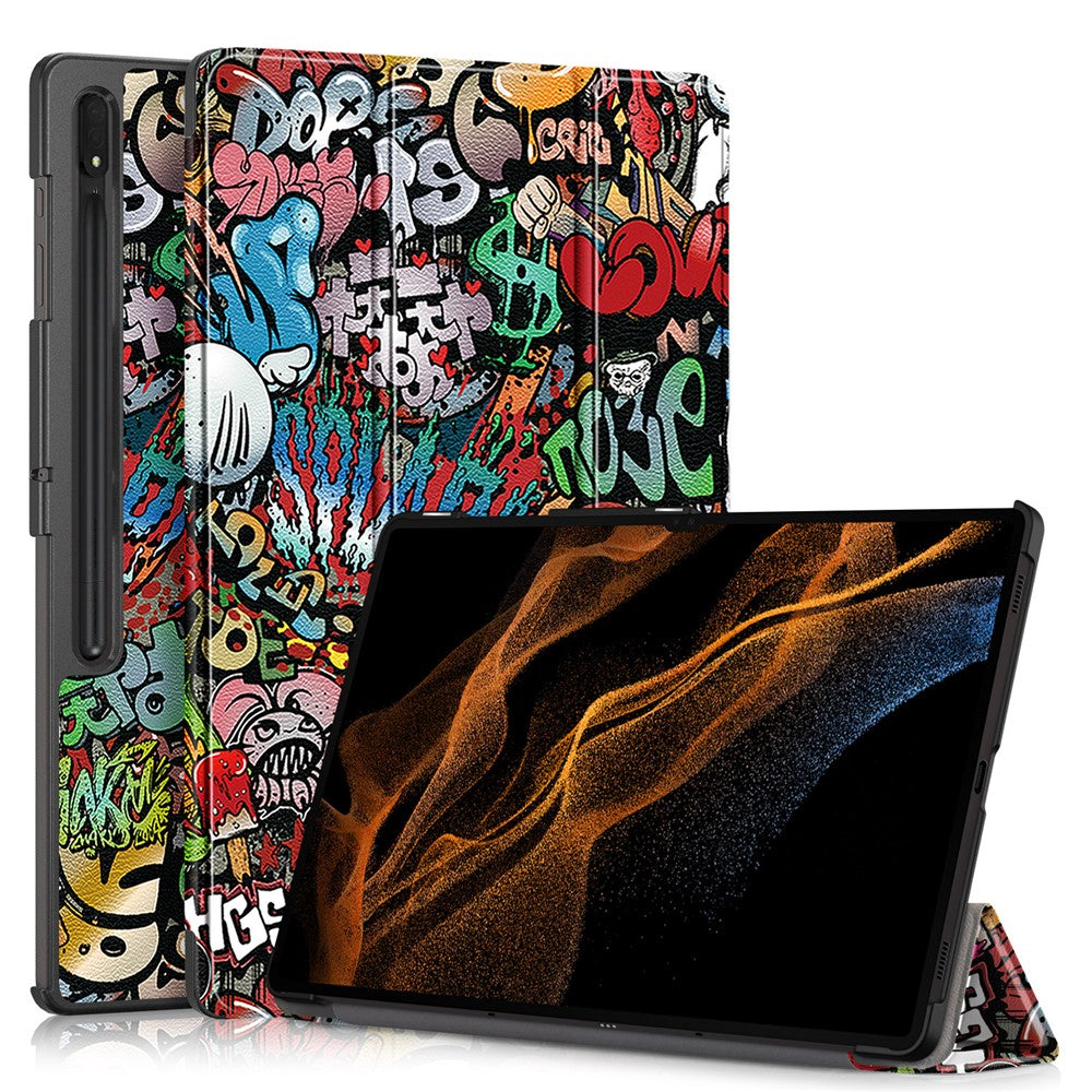 Tablet Leather Case for Samsung Galaxy Tab S10 Ultra Wi-Fi SM-X920 SM-X926B / Tab S9 Ultra SM-X910 M-X916B SM-X918, Tri-Fold Stand Pattern Printed Cover