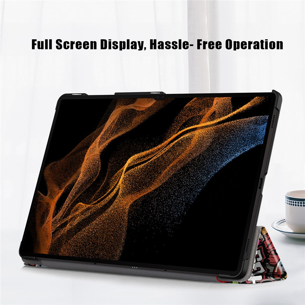 Tablet Leather Case for Samsung Galaxy Tab S10 Ultra Wi-Fi SM-X920 SM-X926B / Tab S9 Ultra SM-X910 M-X916B SM-X918, Tri-Fold Stand Pattern Printed Cover