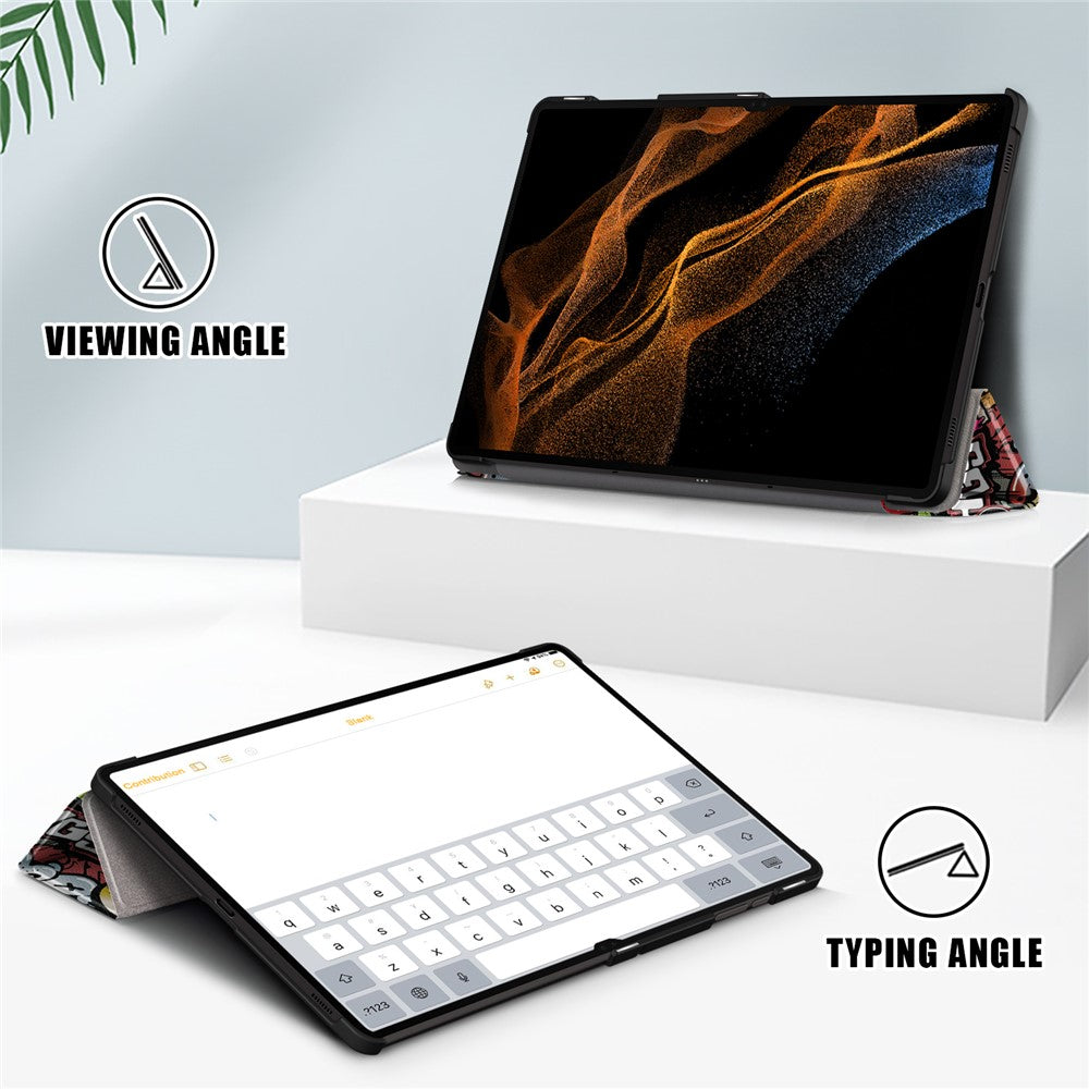 Tablet Leather Case for Samsung Galaxy Tab S10 Ultra Wi-Fi SM-X920 SM-X926B / Tab S9 Ultra SM-X910 M-X916B SM-X918, Tri-Fold Stand Pattern Printed Cover