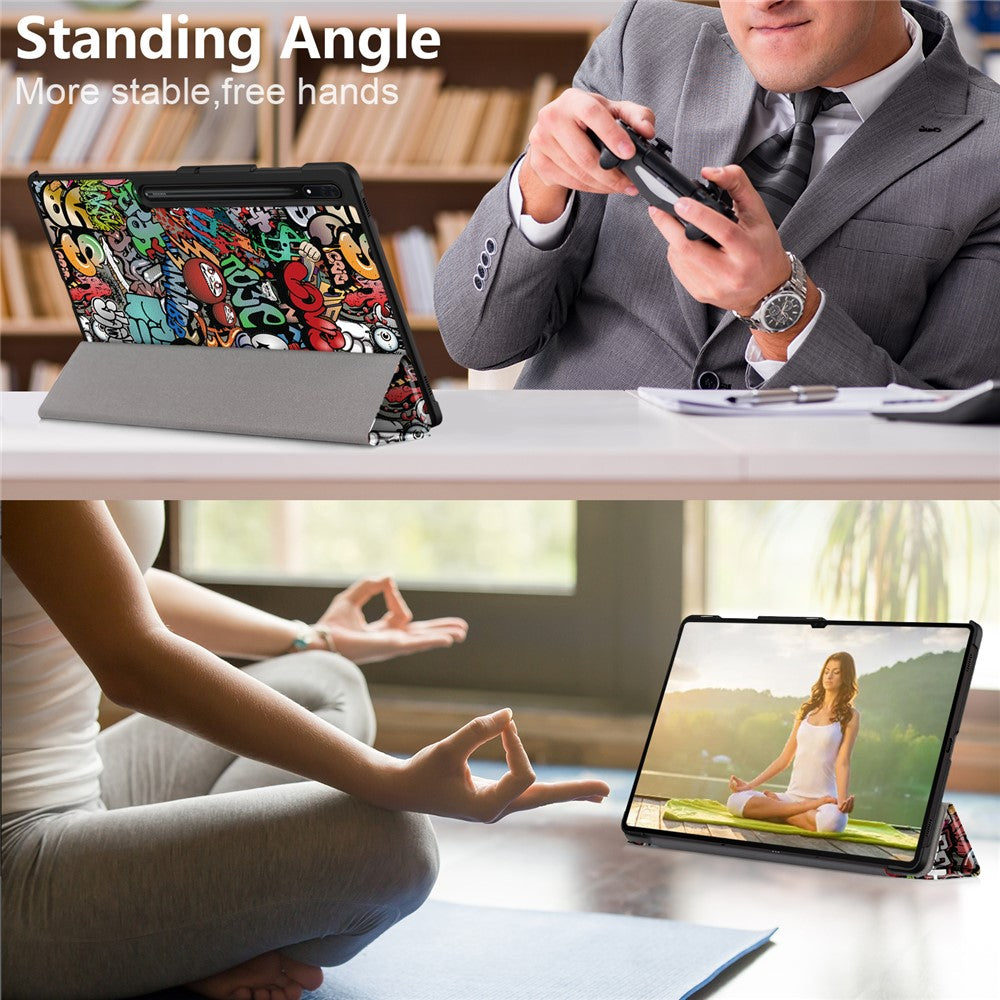 Tablet Leather Case for Samsung Galaxy Tab S10 Ultra Wi-Fi SM-X920 SM-X926B / Tab S9 Ultra SM-X910 M-X916B SM-X918, Tri-Fold Stand Pattern Printed Cover