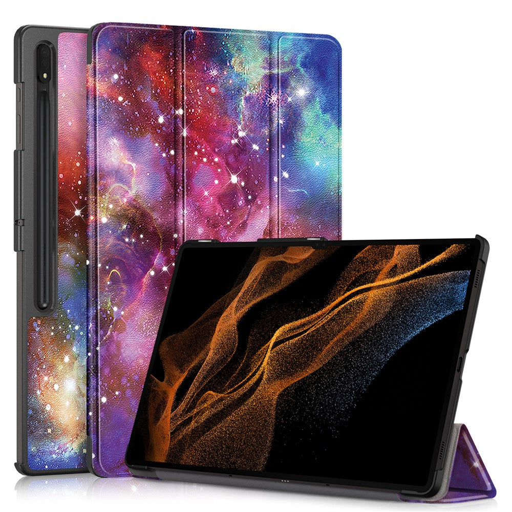 Tablet Leather Case for Samsung Galaxy Tab S10 Ultra Wi-Fi SM-X920 SM-X926B / Tab S9 Ultra SM-X910 M-X916B SM-X918, Tri-Fold Stand Pattern Printed Cover