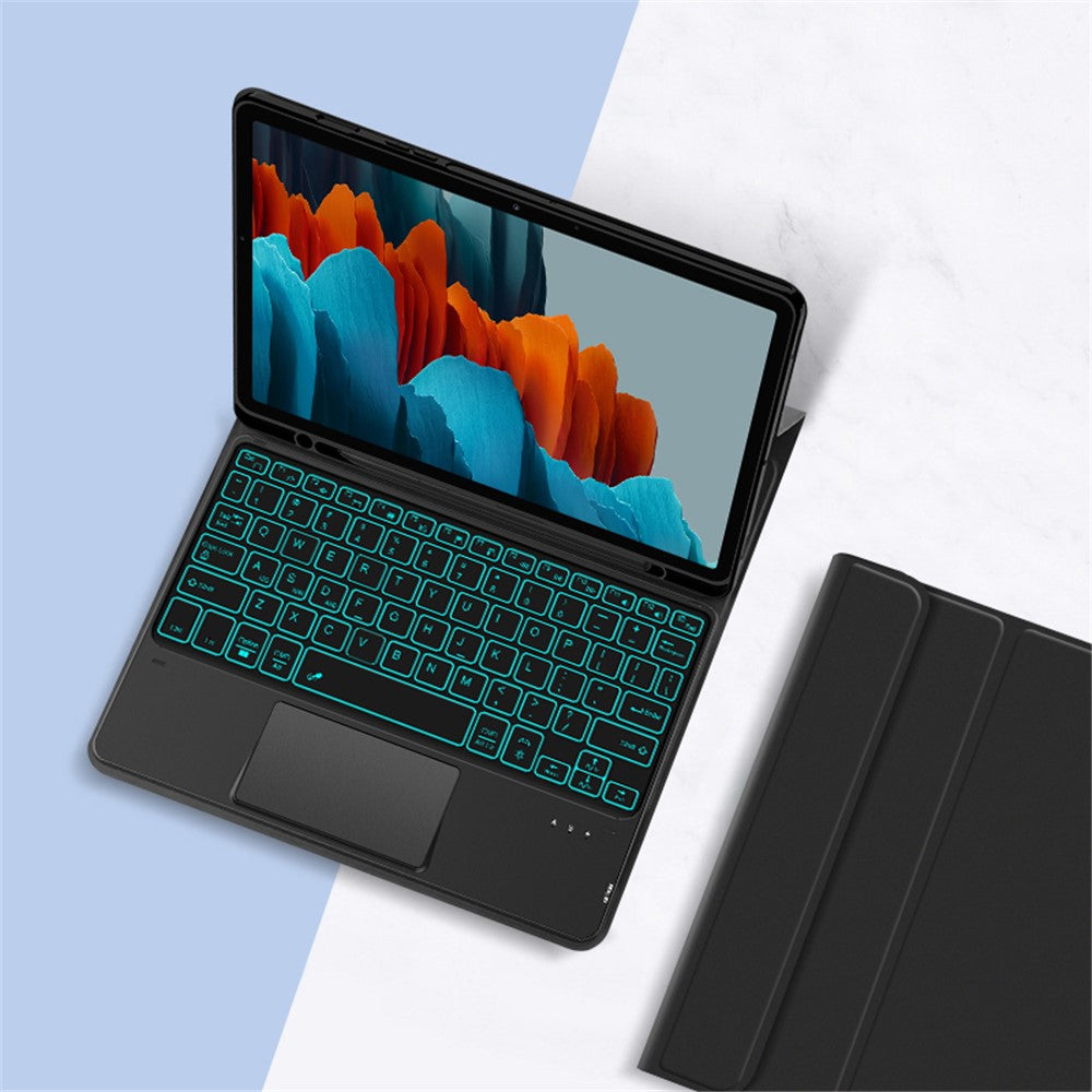 Til Samsung Galaxy Tab S10 FE / S9 FE / S9 / S8 / S7 baggrundsbelyst touchpad Bluetooth-kompatibelt tastatur med penholder læder tablet-cover