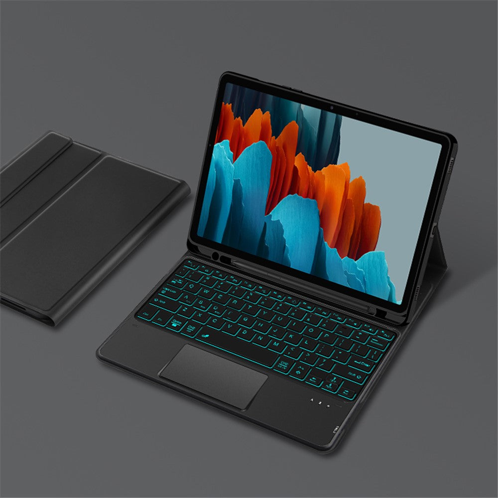 Til Samsung Galaxy Tab S10 FE / S9 FE / S9 / S8 / S7 baggrundsbelyst touchpad Bluetooth-kompatibelt tastatur med penholder læder tablet-cover