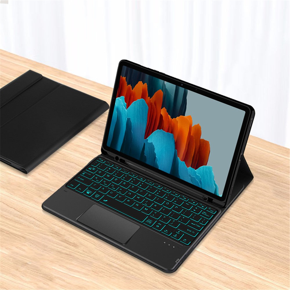 Til Samsung Galaxy Tab S10 FE / S9 FE / S9 / S8 / S7 baggrundsbelyst touchpad Bluetooth-kompatibelt tastatur med penholder læder tablet-cover