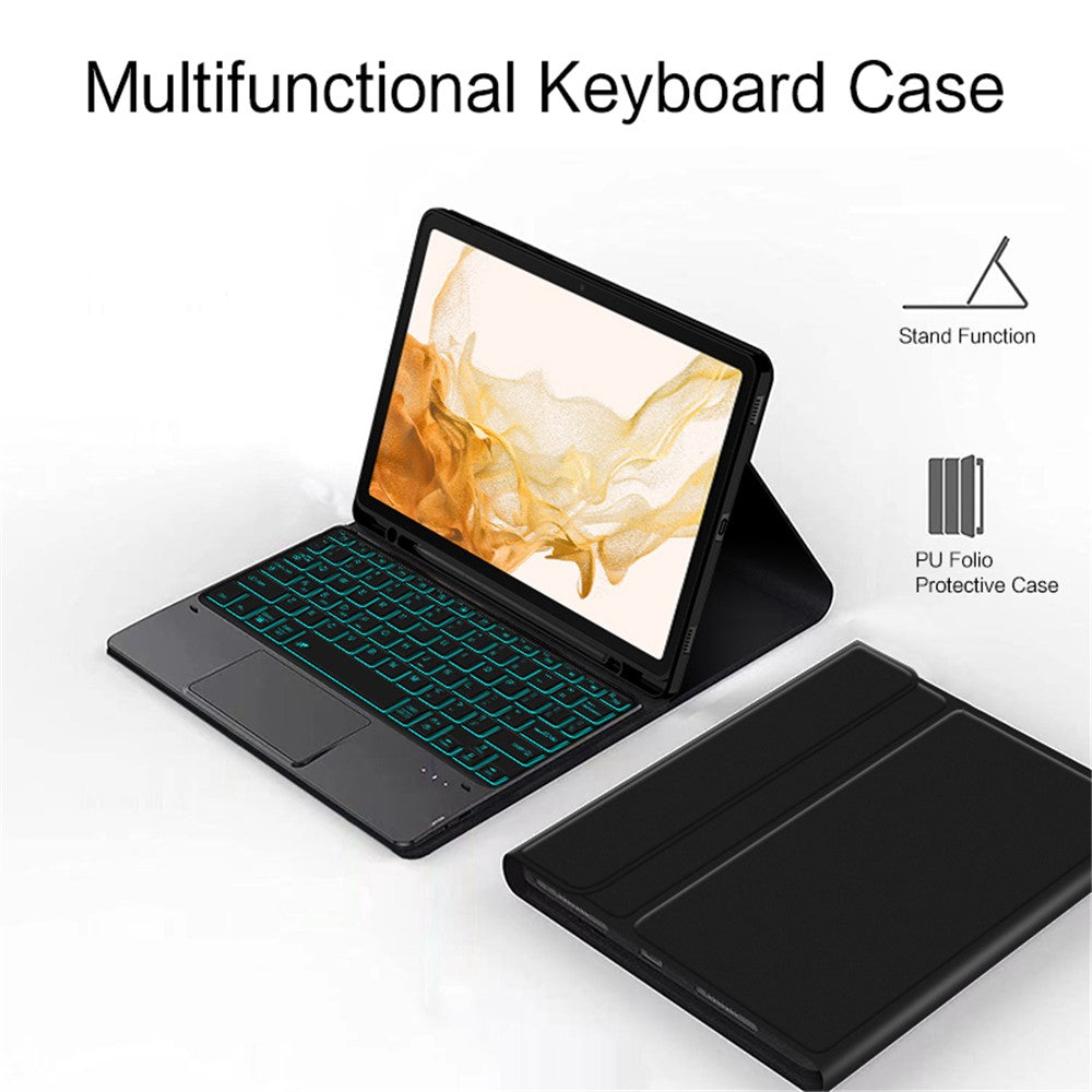 Til Samsung Galaxy Tab S10+ / S9+ / S8+ / S7+ / S7 FE baggrundsbelyst touchpad Bluetooth-kompatibelt tastatur med penneholder læder tablet-etui