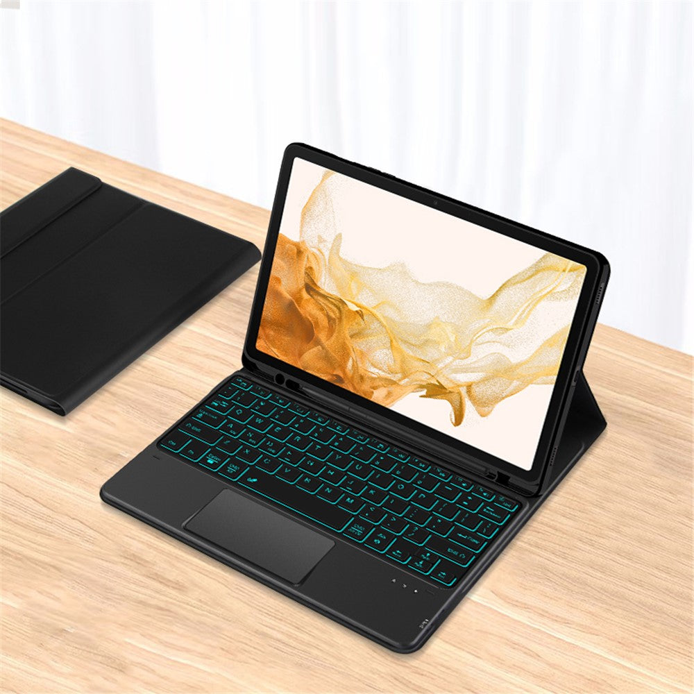 Til Samsung Galaxy Tab S10+ / S9+ / S8+ / S7+ / S7 FE baggrundsbelyst touchpad Bluetooth-kompatibelt tastatur med penneholder læder tablet-etui