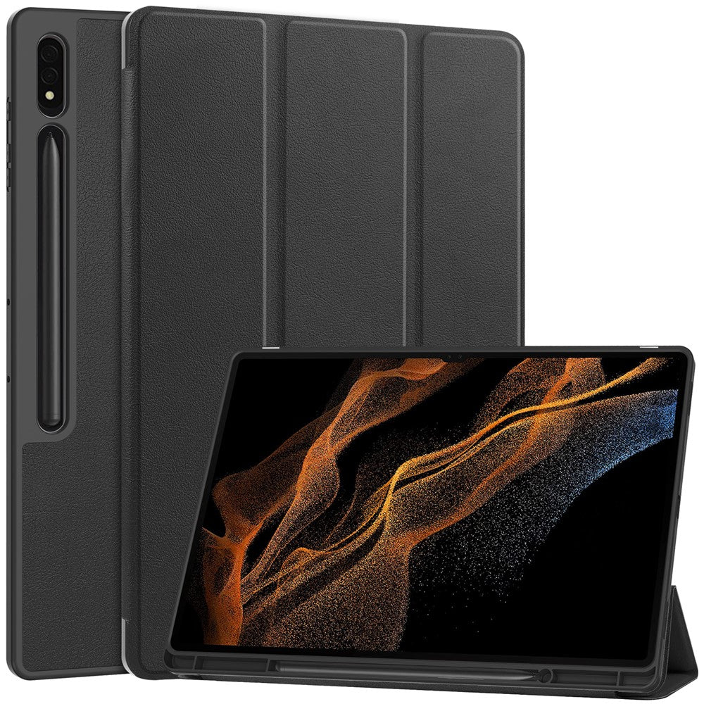 Smart Tablet Case for Samsung Galaxy Tab S9 Ultra, PU Leather Tri-fold Stand Cover with Pen Slot