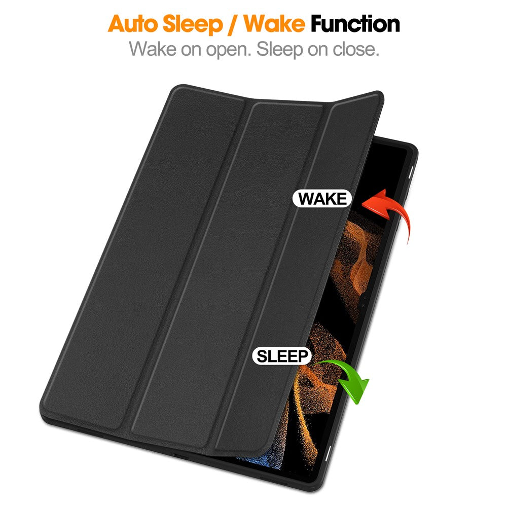 Smart Tablet Case for Samsung Galaxy Tab S9 Ultra, PU Leather Tri-fold Stand Cover with Pen Slot